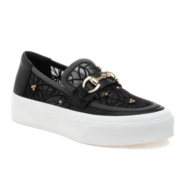 J Slides Black Lace Platform Slip on Sneakers Sz 8 1/2