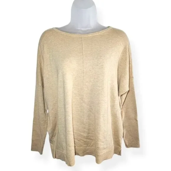 Chicos Center Seam Cashmere Blend Ribbed Sleeve Khaki Biege Sweater Womens Sz 1‎