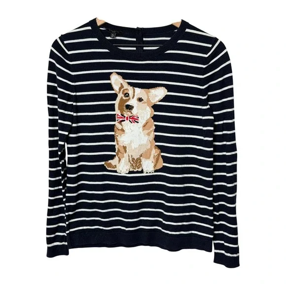 Talbots Petites Women's Striped Corgi Dog Graphic Crew Neck Long Sleeve Knit Top