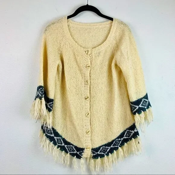 Vintage Fringe Knit Button Front Poncho Sweater