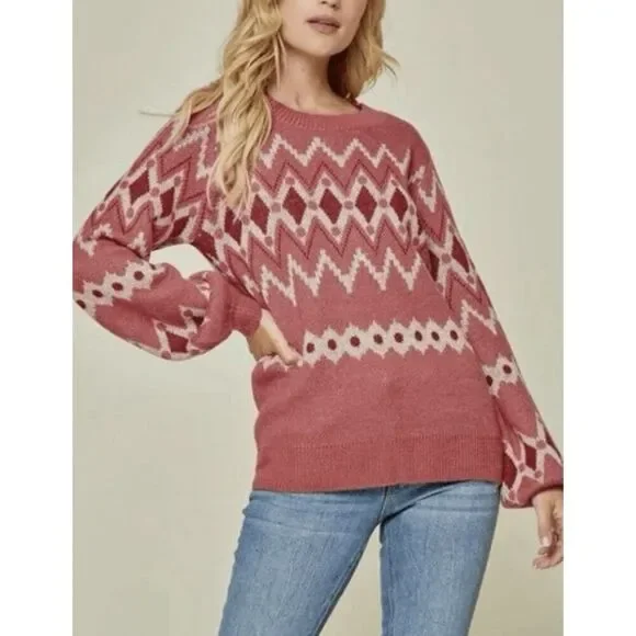 Savanna Jane Fair Isle Knit Sweater Sz 1X Balloon sleeve Pink Mauve Relaxed