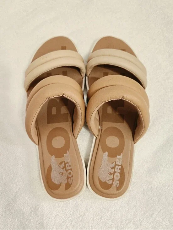 Sorel Viibe Twist Slide Sandals Women's Size 8.5 Tan Beige Puffy Straps Comfort