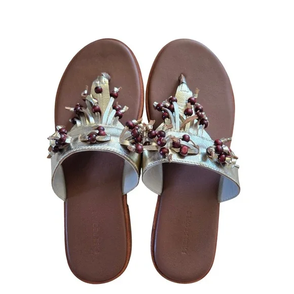 Free People Sandals Womens 7.5 Gold New Metallic Wood Bead Fringe Slide