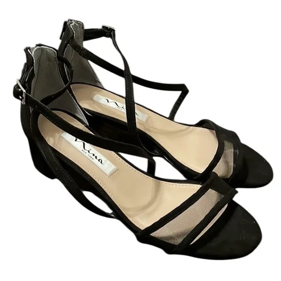 Nina Women's Black Satin Ginette Mesh Block Heel Ankle Strap Handles Size‎ 6M