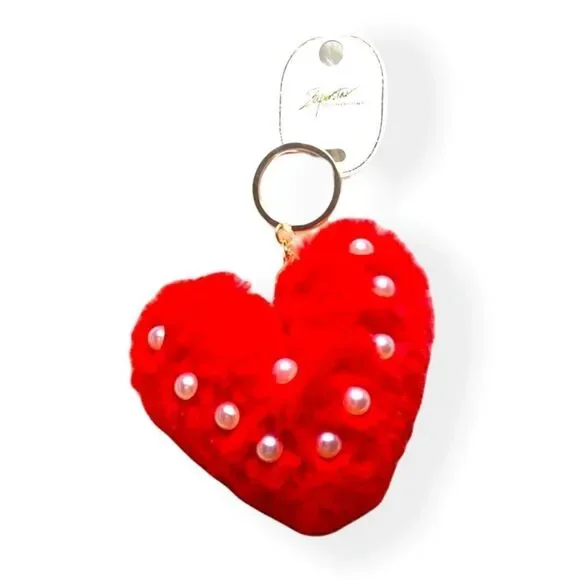 𝅺Red Pom Pom Faux Fur Pearled Key Chain Heart