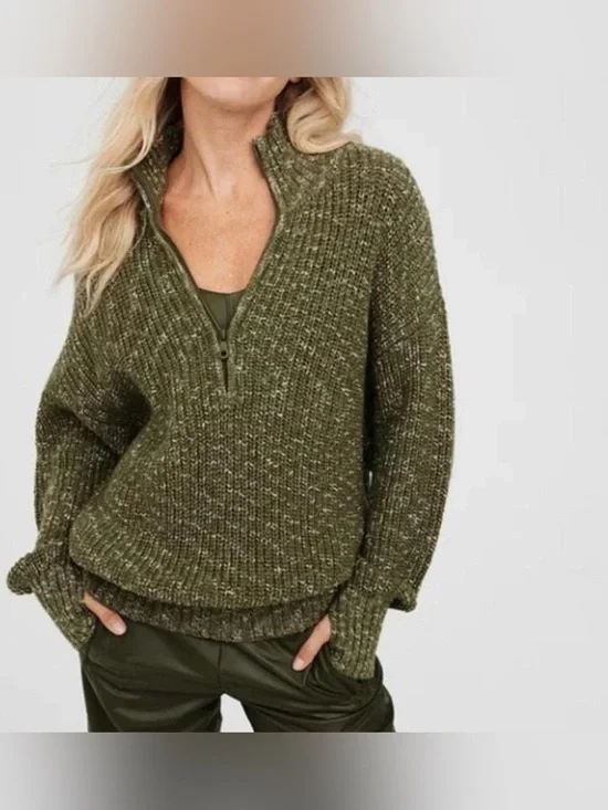 Aerie Oversized Olive Green Half-Zip Knit Sweater Large