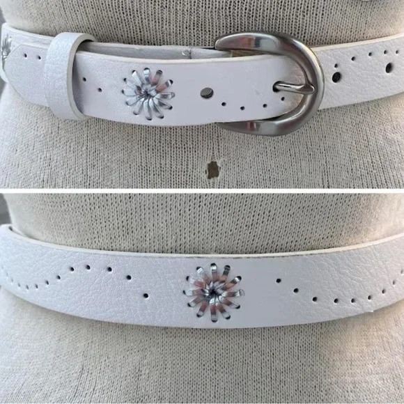 White Belt, Vintage Hole Patterned Belt, Silver Tone Buckle