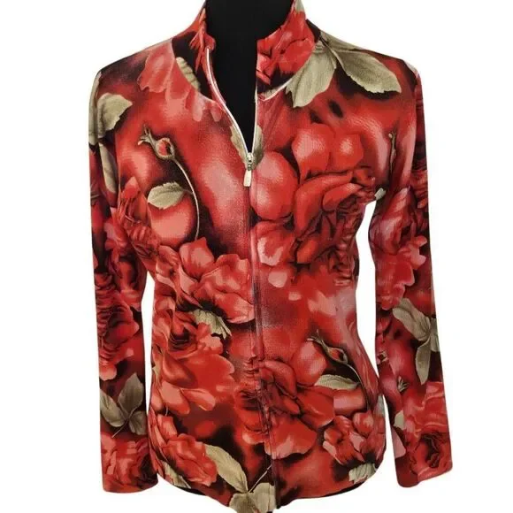 UbU Womens Lightweight Floral Silk Blend Zip Up Cardigan Sweater Size Medium