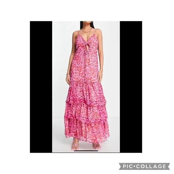 Top Shop floral tiered v neck strappy sleeveless maxi dress US 10