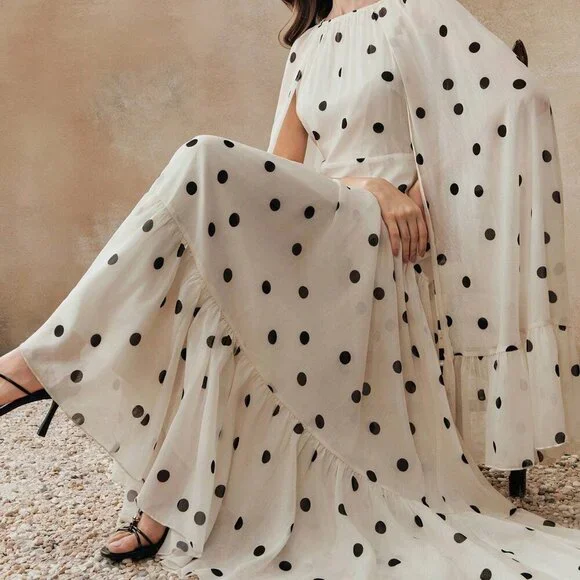 Beige Elegant Women's Long Polka Dot Flared Hem Dress