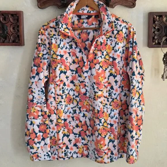 Lands End Womens Pullover 1/4 Zip Fleece Orange Floral Long Sleeve Cozy NWOT✨️L