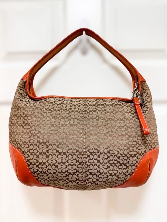 Coach Ergo Large Crescent Hobo Bag Brown Monogram Canvas Orange‎ Leather
