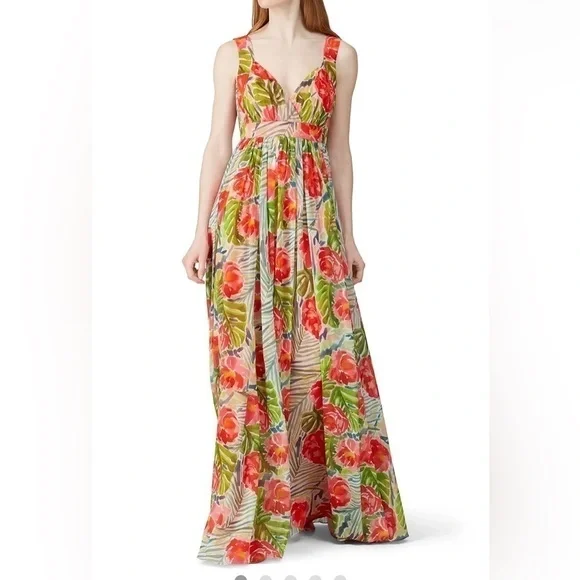Badgley Mischka Green Floral maxi dress size 0-2 15” PTP