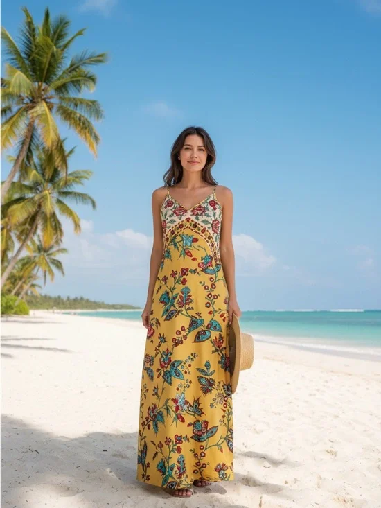 Summer Yellow Floral Maxi Dress Teal & Red Accents vacation wear