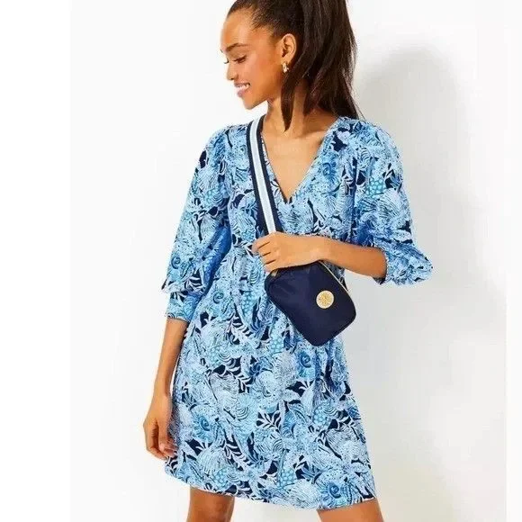 Lilly Pulitzer Cass Mini Dress Floral Printed Cotton Beach Blue Resort S 288164