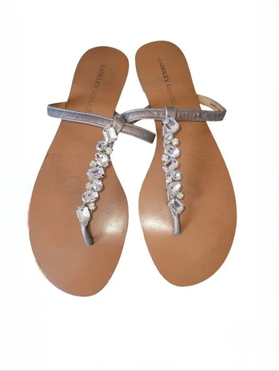 Badgley Mischka Silver Jeweled Thong Flat Sandals | Size 9.5