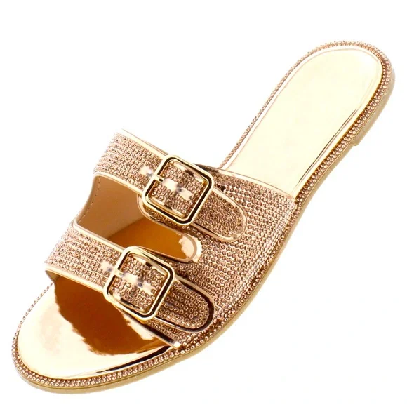 🎉 $25 Rose Gold Metallic Bling Flat Padded Slider Slippers Sandals
