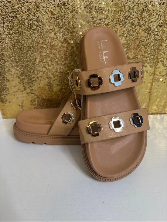 Kendra Scott Tan Double-Strap Slide Sandals with Metallic Accent Studs