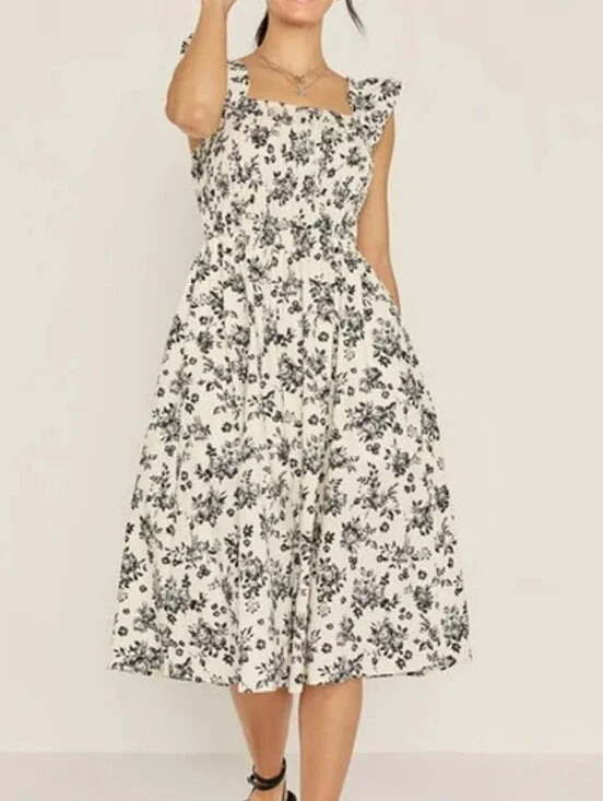 Francesca's cream black floral ruffle sleeve midi pockets cottage garden dress L