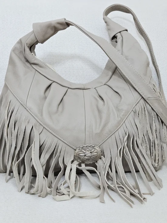 Genuine Fringed Leather Hobo Bag Gray Concho Festival Western Shoulder Purse
