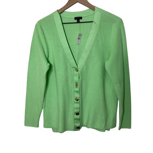 Talbots Cardigan‎ Womens Petite Large Green V-Neck Ribbed Cotton Blend NWT