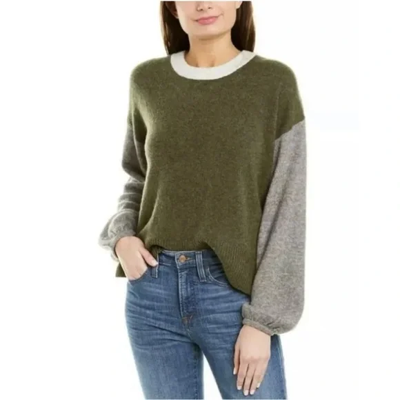 Madewell Peyton grey green color block pullover balloon sleeve sweater size XS