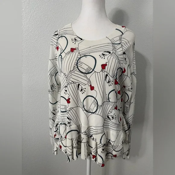 Bimba Y Lola Ruffle Sweater Faces Print Stretchy Knit Jumper Off White Color Med