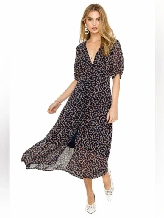 ASTR The Label Orange Poppy Floral Fit & Flare Button Front Midi Dress Size XS
