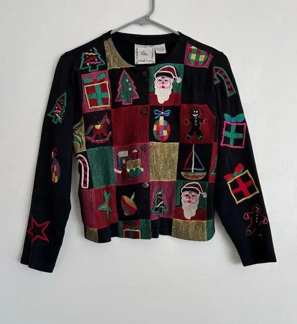 Black Red Vintage Michael Simon Christmas Patchwork Cardigan S