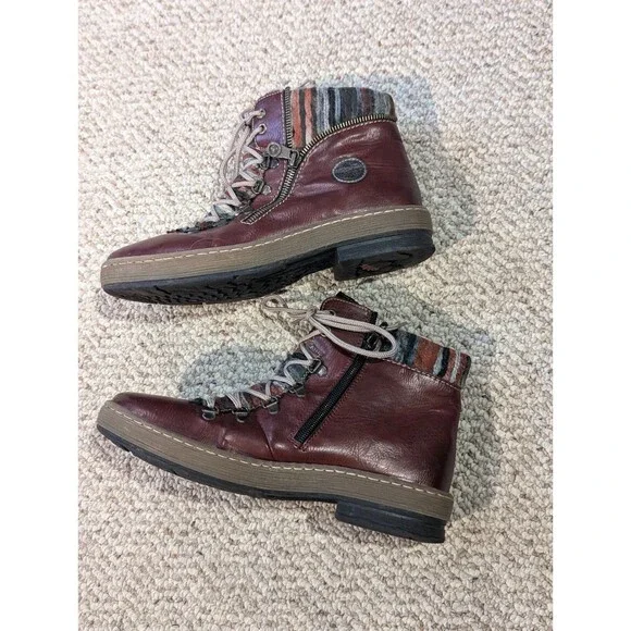 Rieker Felicitas Ankle Boots Womens 40 US 9 Burgundy Red Leather Knit Zipper