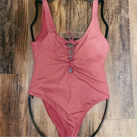 Xhilaration Ribbed Lace Up Scoop Back One Piece Swimsuit