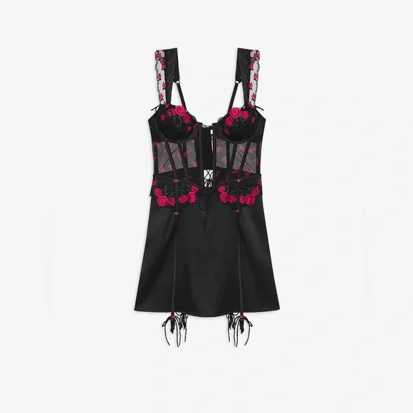 For Love & Lemons Roja Rose Embroidered Slip Dress Black Pink Large NWT