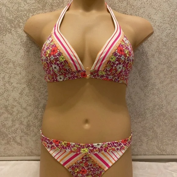 Victoria's Secret Multicolor Neon Floral and Striped Bikini