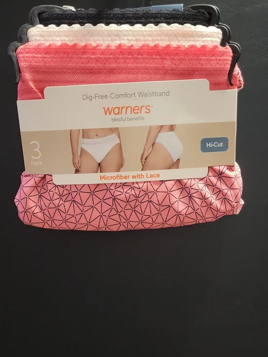 Warners 3-Pack Microfiber Lace Hi-Cut Panties - Black, White, Coral/Peach.  T15