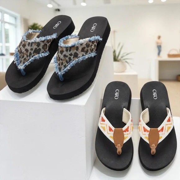 Cato Platform Flip Flops Bundle Leopard Rhinestone Denim & Embroidered Sandals 9