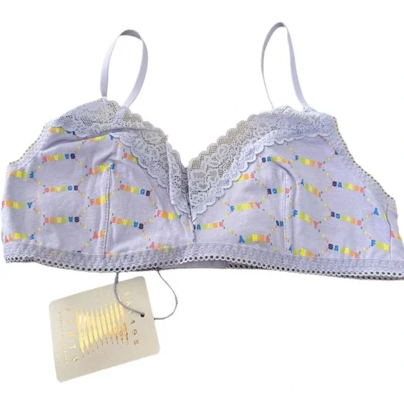 Savage X Fenty Lavender Rainbow Logo Print Cotton Bralette Size M Lace NWT
