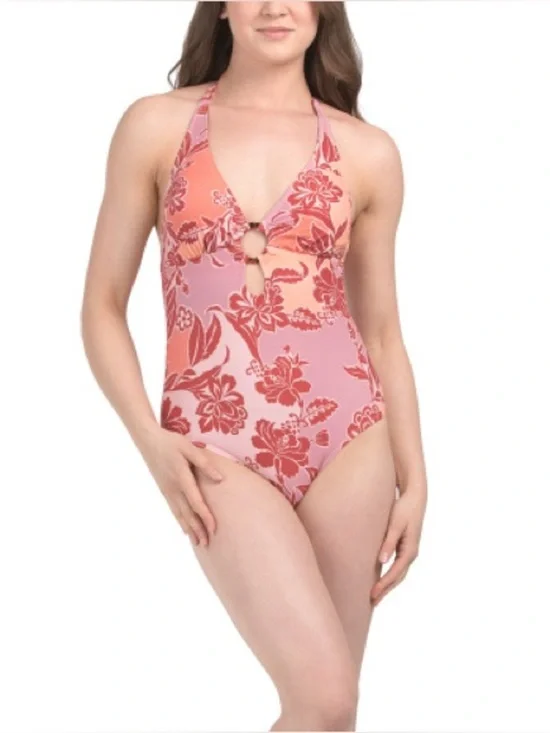 NWT Onshore La Perouse Floral Halter One Piece Swimsuit Ring Detail Pink Size 12