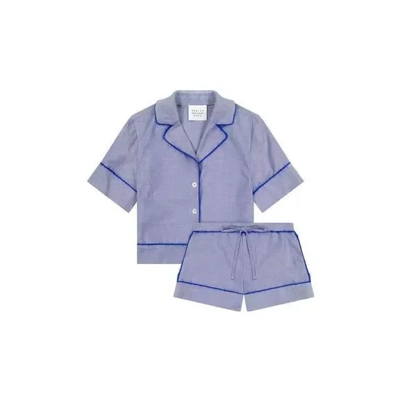 MARINA MOSCONE COTTON PAJAMA SET IN BLUE FEATHER TRIM SIZE M
