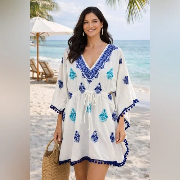 La Blanca EUC One Size, drawstring waist, 100% Cotton Embroidered Swim Cover-Up