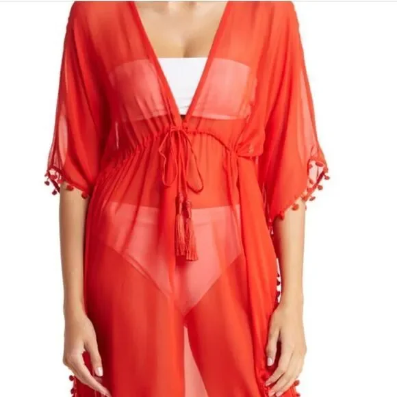 11-Cherry Red Tassel Trim Short Swim Cover by Shahida Parides