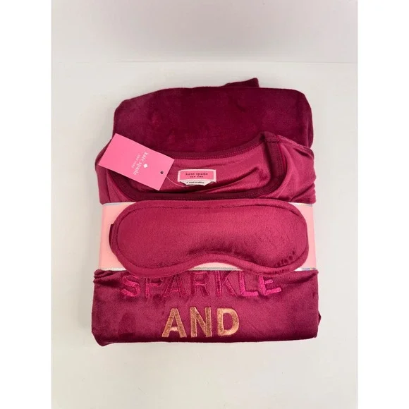 Kate Spade New York Sparkle and Shine Burgundy Plush Jogger Pajama Set‎ SZ S NWT