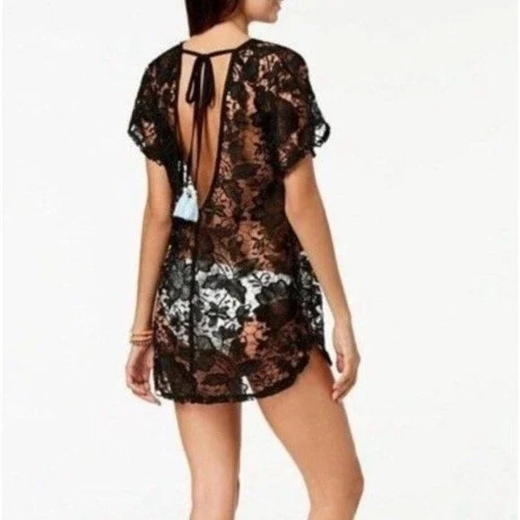 Miken Swim Juniors' Crochet Dress Cover-Up Black Lace Size Large NEW