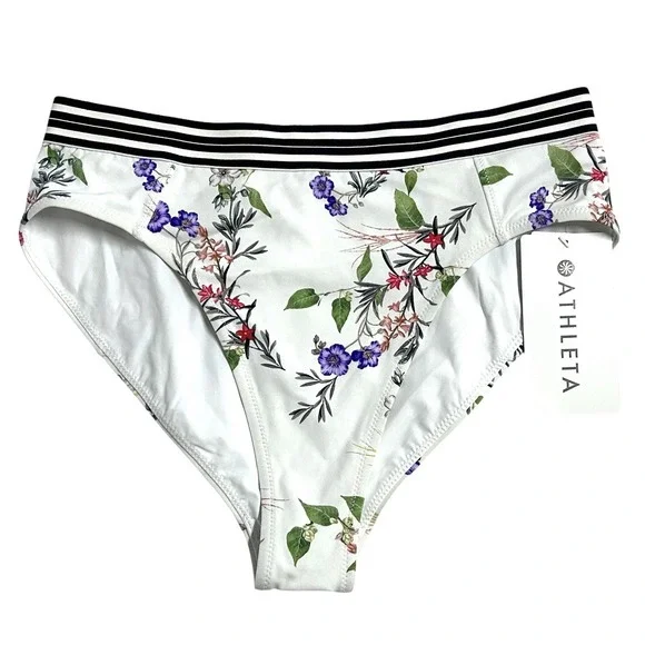 Athleta Women's Gold Coast Floral Band Swim Bikini Bottoms White Size Medium NEW