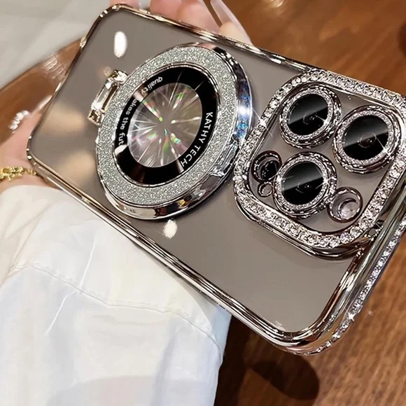CLEAR SILVER RHINESTONE BLING IPHONE 15PRO PHONECASE WITH KICKSTAND