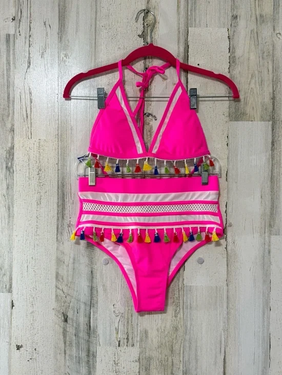 Pink Tassel Trim Halter Bikini Set