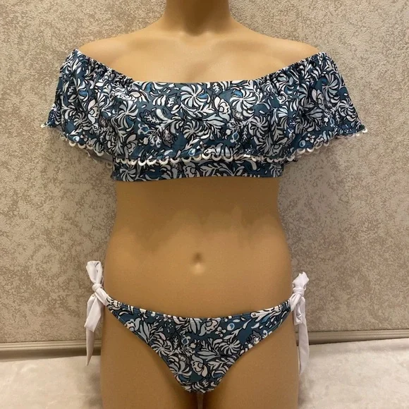 Tropical Floral Off-Shoulder Bikini Set - Blue and White