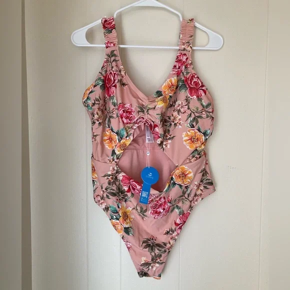NWT Cupshe Pink floral one piece monokini XL Swimsuit Swimwear Swim