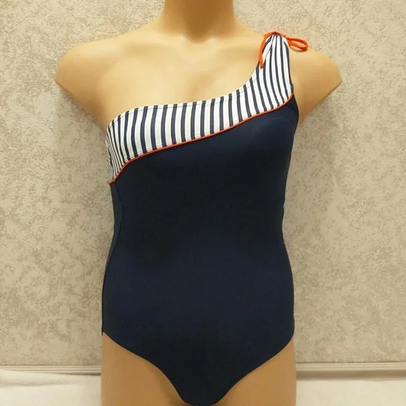 Chic One-Shoulder Navy Striped Swim One Piece