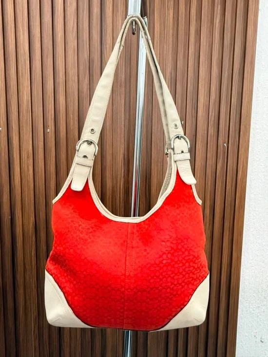 Y2K Coach Vintage Red Monogram Canvas Leather Hobo Shoulder Bag Purse #6800