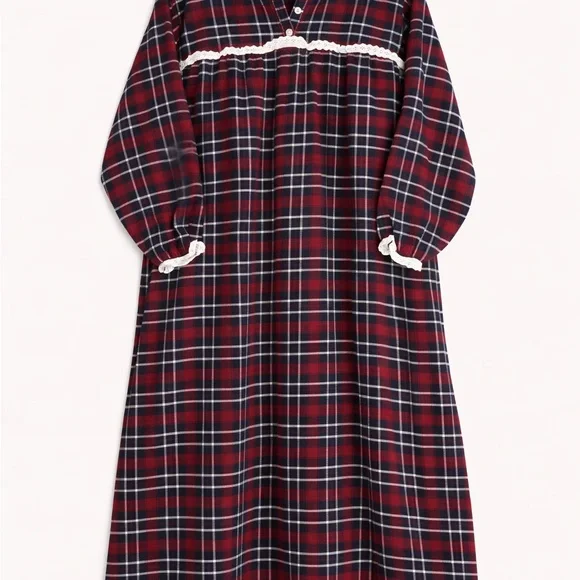 Plaid Long-Sleeve Nightgown with Lace Trim - Red/Navy